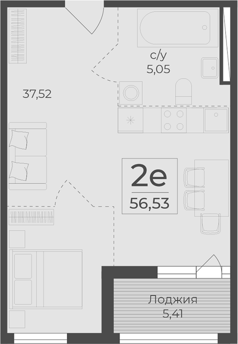 Планировка — Botanica, 1-комн., 51 м²