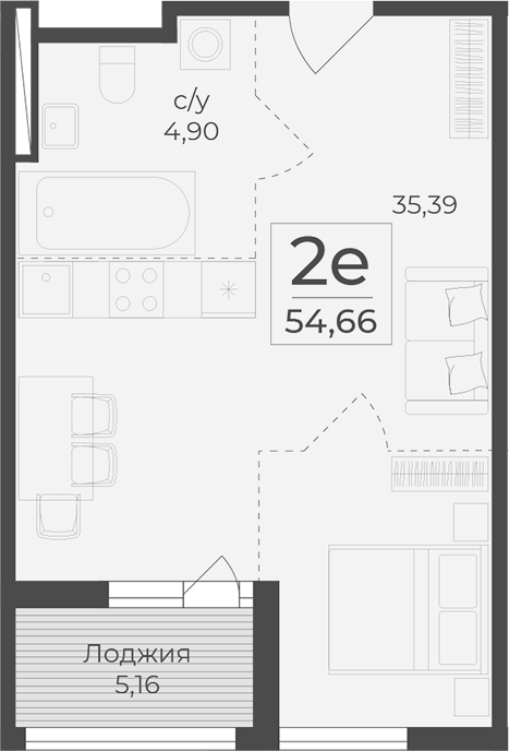 Планировка — Botanica, 1-комн., 50 м²
