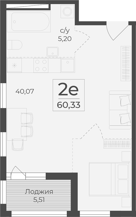 Планировка — Botanica, 1-комн., 55 м²