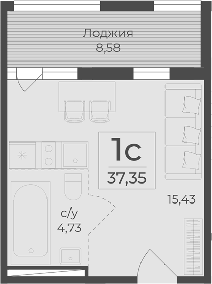 Планировка — Botanica, Студия, 29 м²