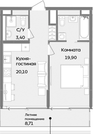 Планировка — ТЕМПО, 2-комн., 43 м²