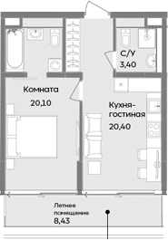 Планировка — ТЕМПО, 2-комн., 44 м²