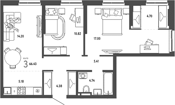 Планировка — Уральский сад, 3-комн., 66 м²