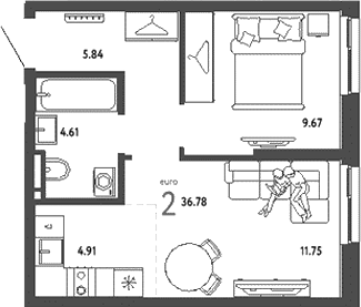 Планировка — Уральский сад, 2-комн., 37 м²