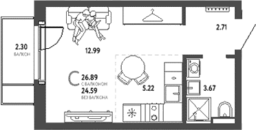 Планировка — Уральский сад, Студия, 25 м²