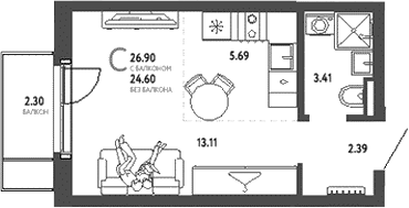 Планировка — Уральский сад, Студия, 25 м²