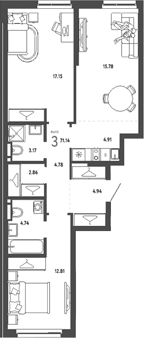 Планировка — Уральский сад, 3-комн., 71 м²