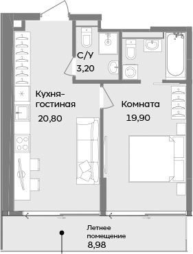 Планировка — ТЕМПО, 1-комн., 44 м²