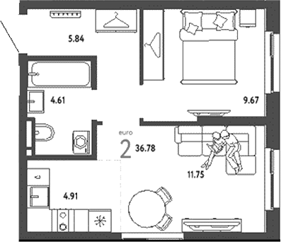 Планировка — Уральский сад, 2-комн., 37 м²