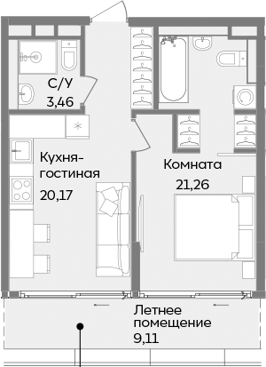 Планировка — ТЕМПО, 2-комн., 45 м²
