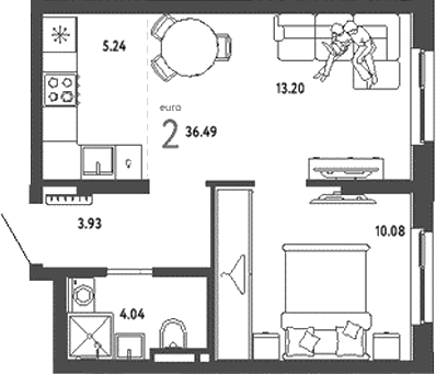 Планировка — Уральский сад, 2-комн., 36 м²