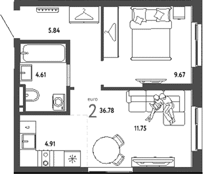 Планировка — Уральский сад, 2-комн., 37 м²