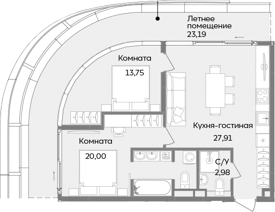 Планировка — ТЕМПО, 3-комн., 65 м²