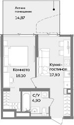 Планировка — ТЕМПО, 1-комн., 39 м²