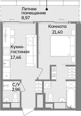 Планировка — ТЕМПО, 2-комн., 42 м²