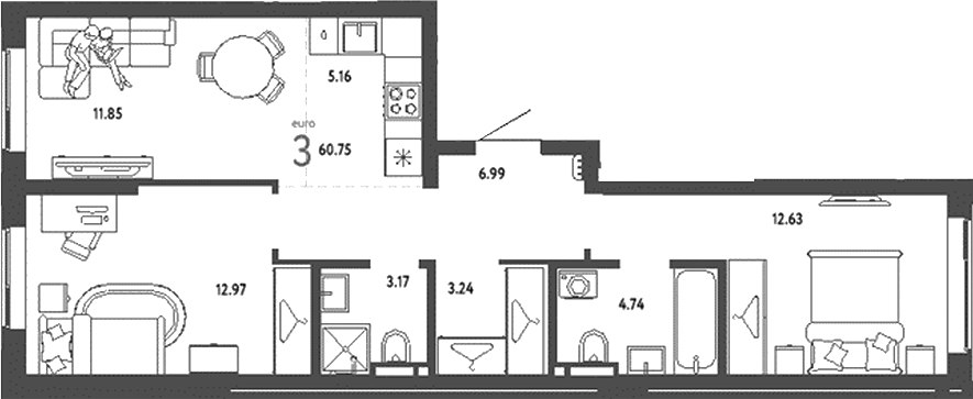 Планировка — Уральский сад, 3-комн., 61 м²