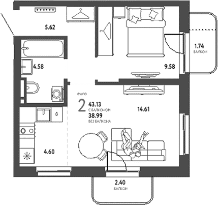 Планировка — Уральский сад, 2-комн., 39 м²