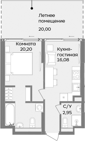 Планировка — ТЕМПО, 2-комн., 39 м²
