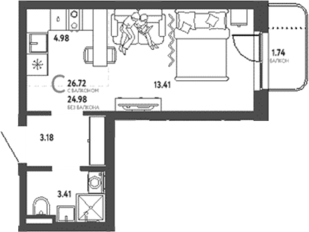 Планировка — Уральский сад, Студия, 25 м²