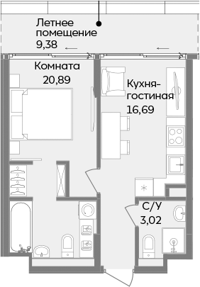 Планировка — ТЕМПО, 2-комн., 41 м²