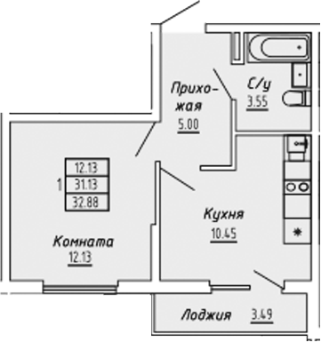 Планировка — Бирюзовый квартал, 1-комн., 31 м²