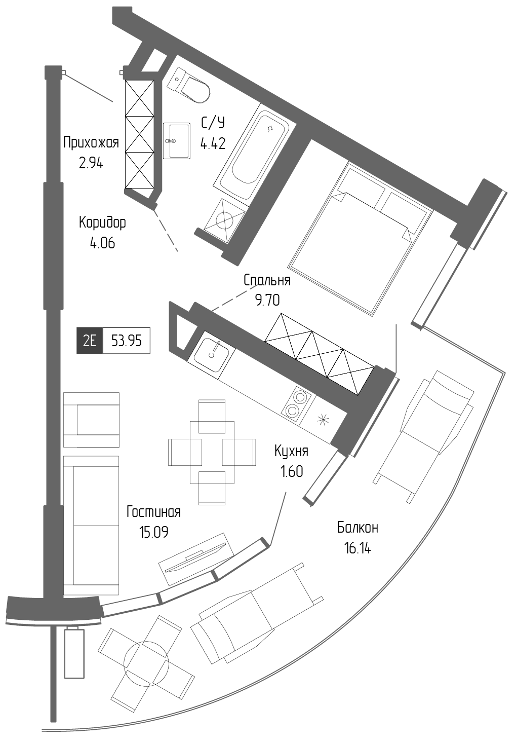 Планировка — Крымская Резиденция, 2-комн., 38 м²