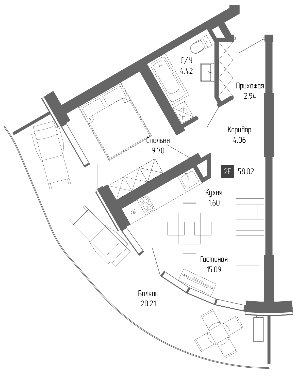 Планировка — Крымская Резиденция, 2-комн., 38 м²