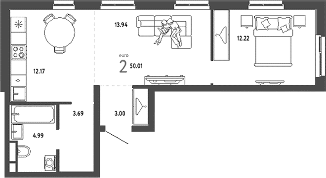 Планировка — Уральский сад, 2-комн., 50 м²