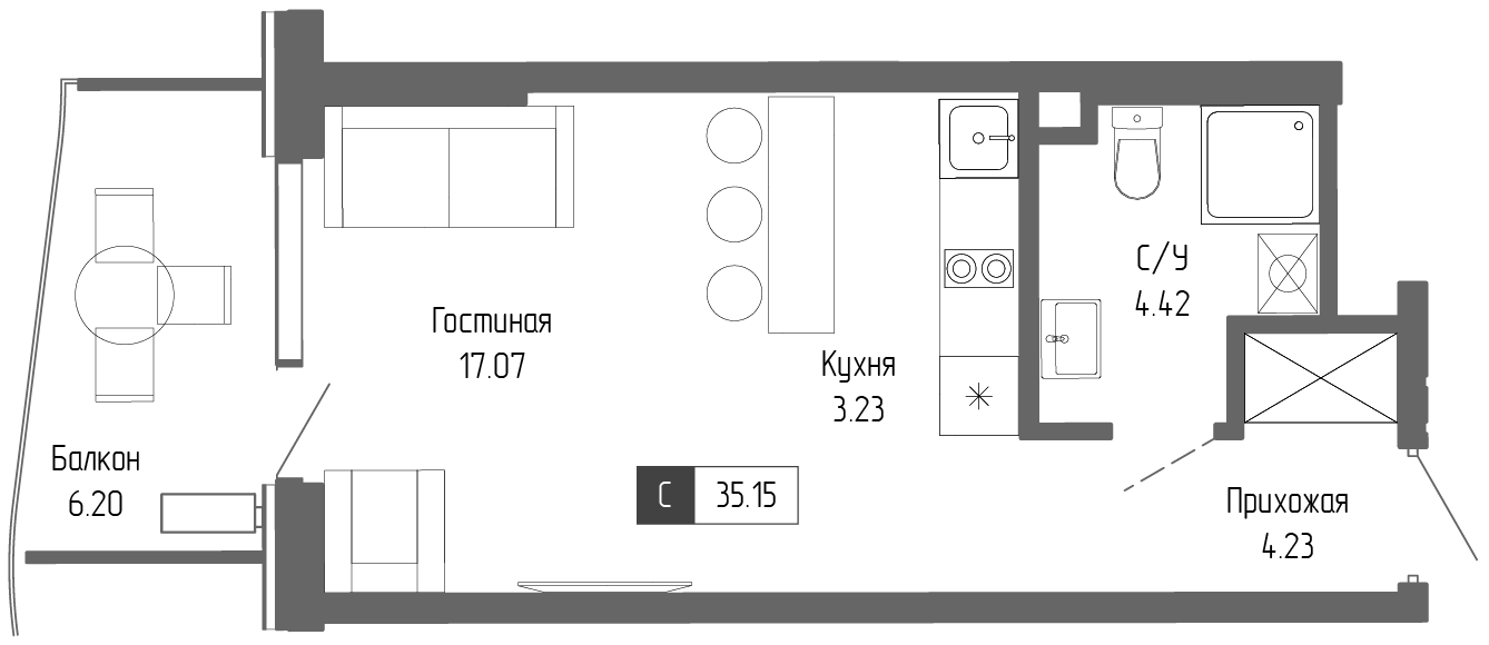 Планировка — Крымская Резиденция, Студия, 29 м²