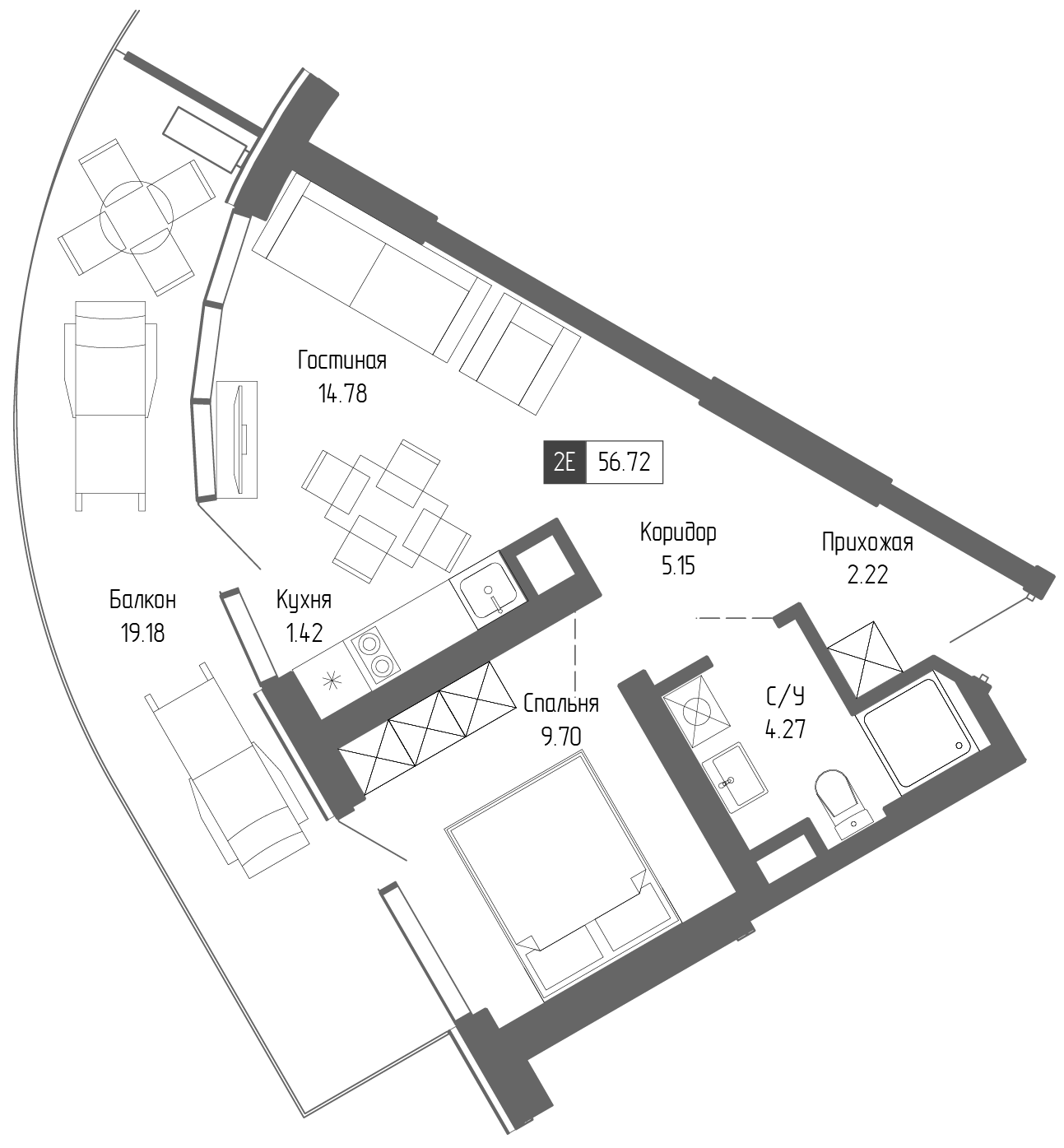 Планировка — Крымская Резиденция, 2-комн., 38 м²