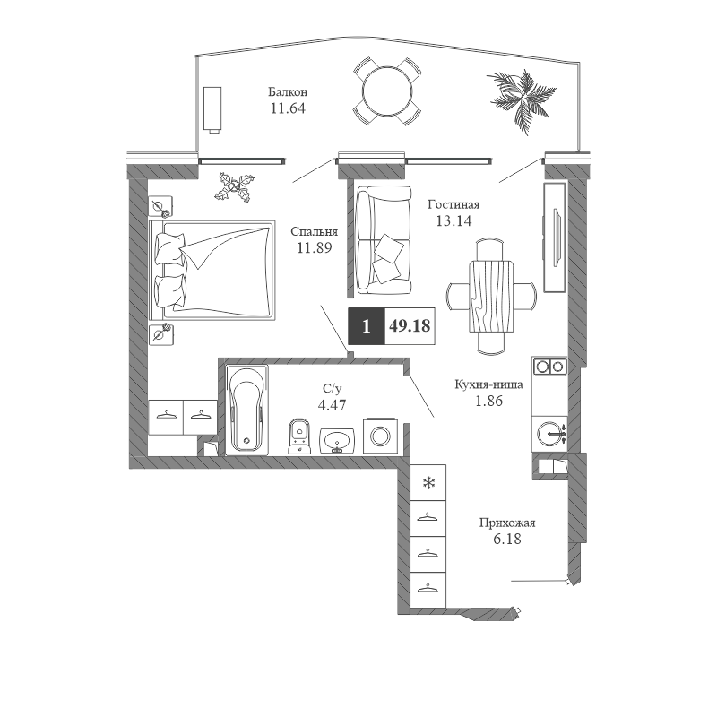 Планировка — Крымская Резиденция, 1-комн., 38 м²