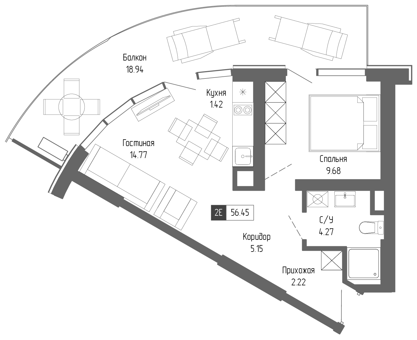 Планировка — Крымская Резиденция, 2-комн., 38 м²