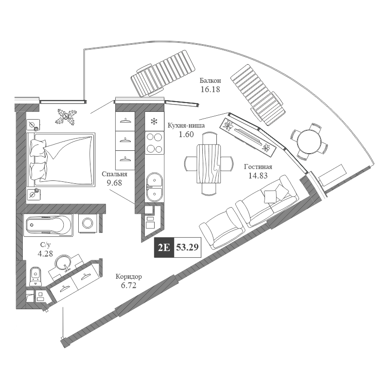 Планировка — Крымская Резиденция, 2-комн., 37 м²