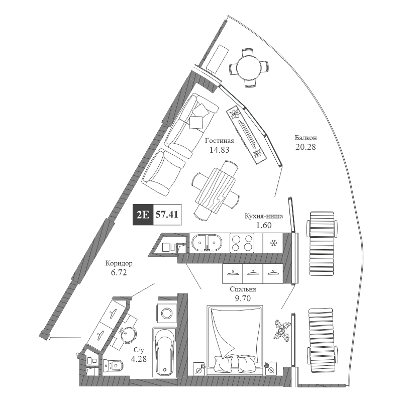 Планировка — Крымская Резиденция, 2-комн., 37 м²