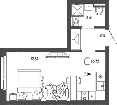 Планировка — Уральский сад, Студия, 27 м²