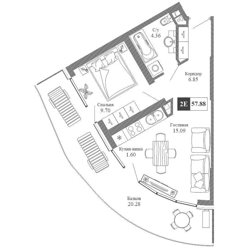 Планировка — Крымская Резиденция, 2-комн., 38 м²