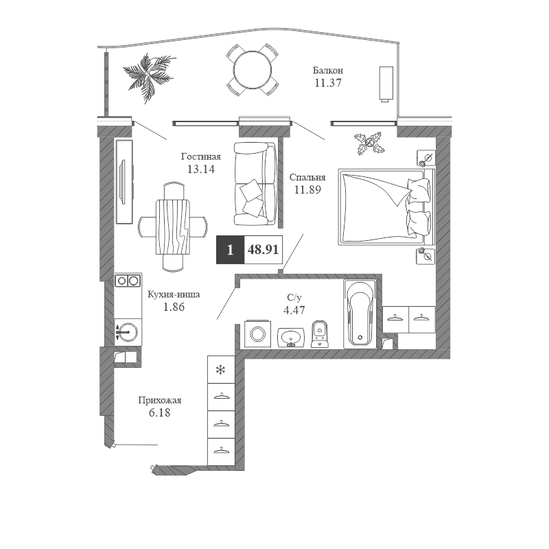 Планировка — Крымская Резиденция, 1-комн., 38 м²