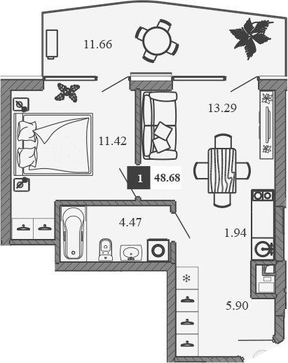 Планировка — Крымская Резиденция, 1-комн., 37 м²