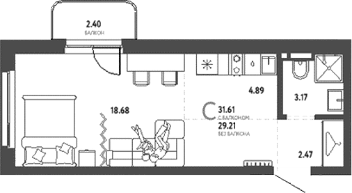 Планировка — Уральский сад, Студия, 29 м²