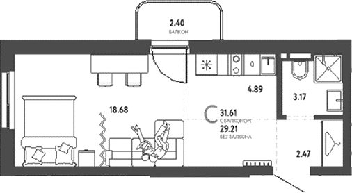 Планировка — Уральский сад, Студия, 29 м²