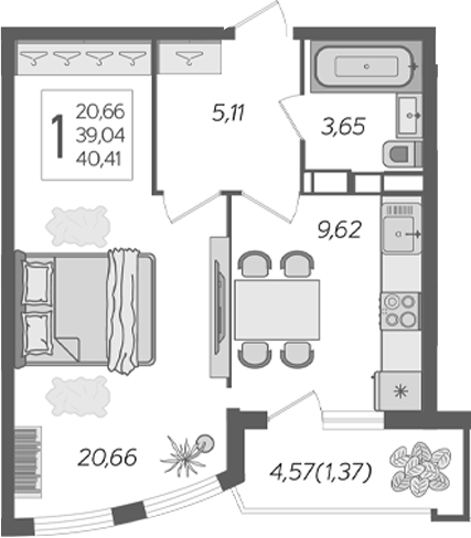 Планировка — Альфа. АСК, 1-комн., 42 м²
