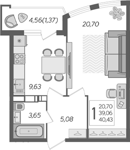Планировка — Альфа. АСК, 1-комн., 42 м²