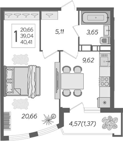 Планировка — Альфа. АСК, 1-комн., 42 м²