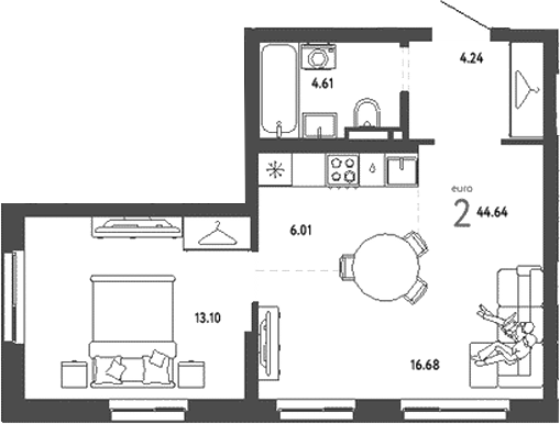 Планировка — Уральский сад, 2-комн., 45 м²