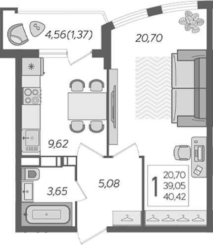 Планировка — Альфа. АСК, 1-комн., 42 м²