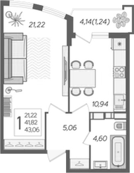 Планировка — Альфа. АСК, 1-комн., 45 м²
