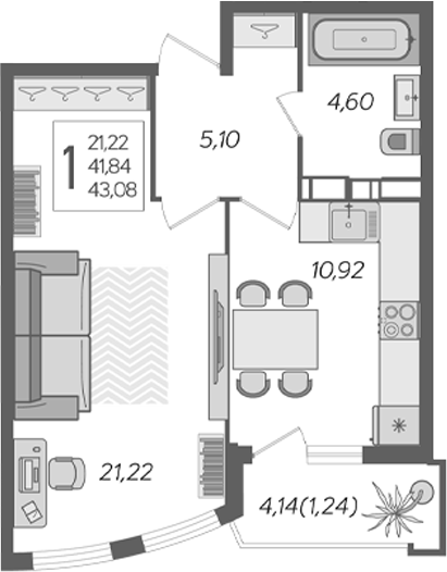 Планировка — Альфа. АСК, 1-комн., 44 м²