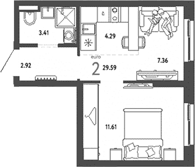 Планировка — Уральский сад, 2-комн., 30 м²