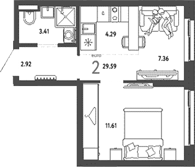 Планировка — Уральский сад, 2-комн., 30 м²