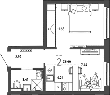 Планировка — Уральский сад, 2-комн., 30 м²